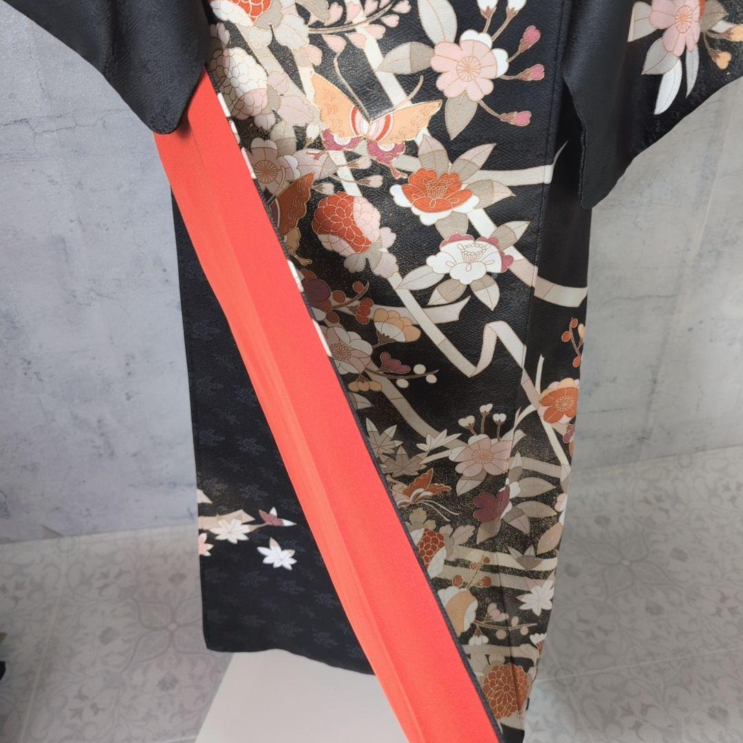 訪問着　フルセット　着物　正絹　黒　トールサイズ　花　金彩加工　B1