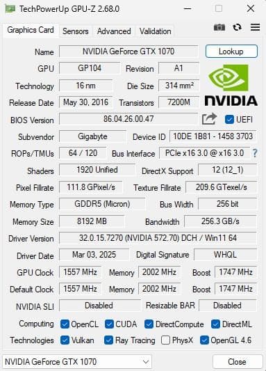 GIGABYTE GTX 1070 WINDFORCE OC 8G 動作確認済み