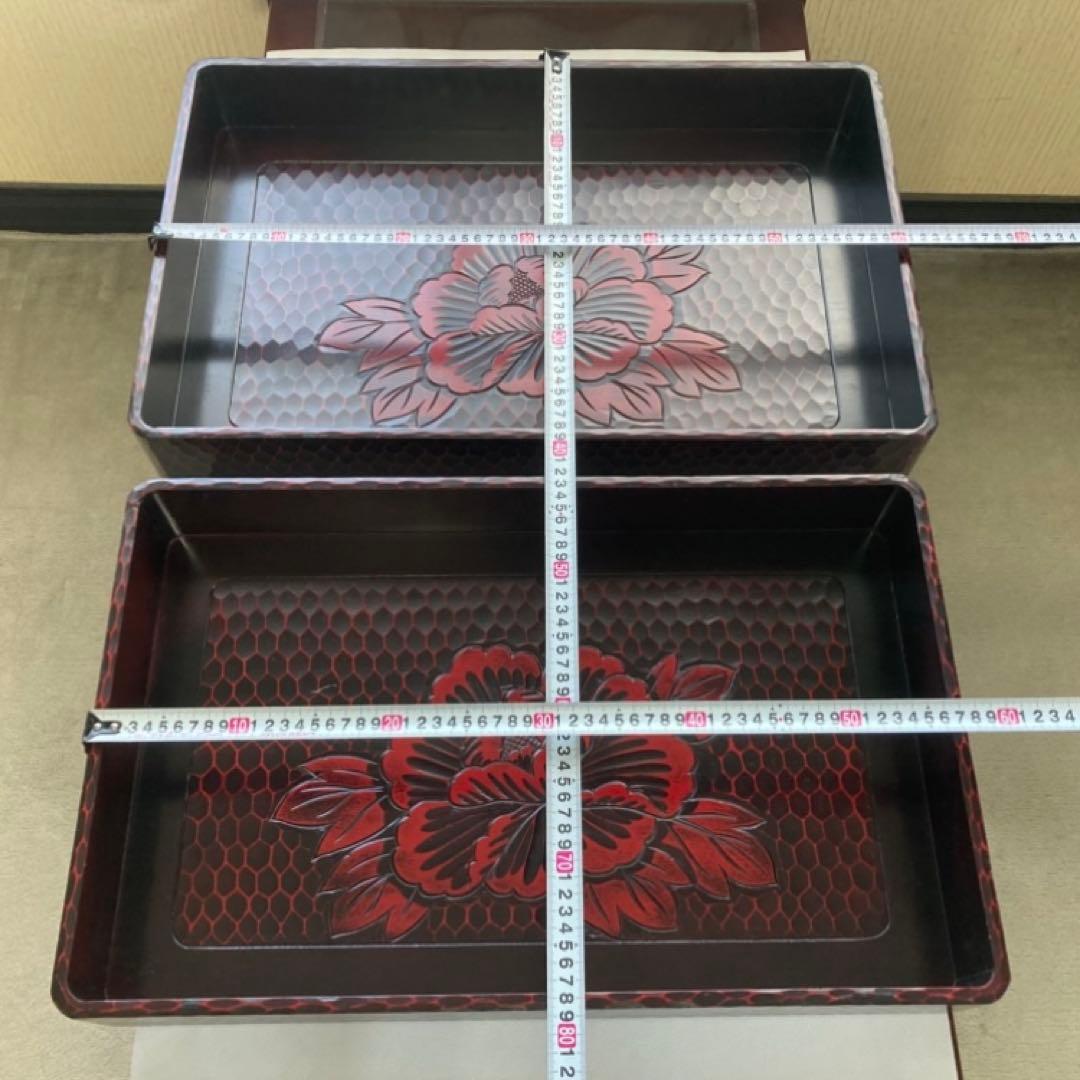 鎌倉彫 乱れ籠 衣装籠 盆 トレイ 2枚組 収納 木製 彫刻 漆塗 花柄 レトロ