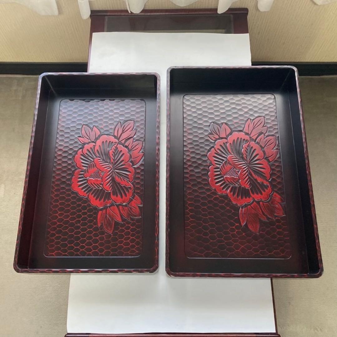 鎌倉彫 乱れ籠 衣装籠 盆 トレイ 2枚組 収納 木製 彫刻 漆塗 花柄 レトロ