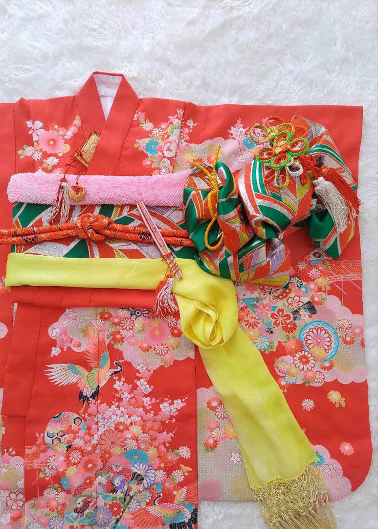 七五三用赤い花柄着物セット　フルセット　7歳　華やか　作り帯