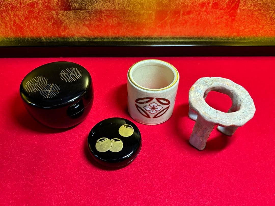 利久好み 黒漆 短冊箱 14点 水差 茶碗 建水 棗 柄杓 香合 五徳 茶道具