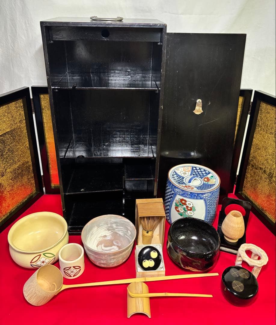 利久好み 黒漆 短冊箱 14点 水差 茶碗 建水 棗 柄杓 香合 五徳 茶道具