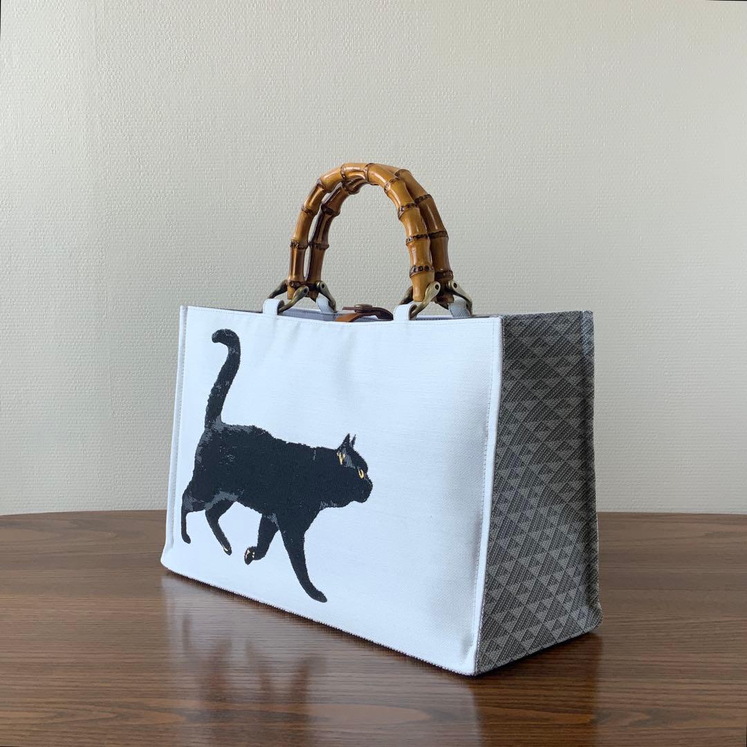 帯　猫と蝶々　リメイク　バンブーハンドルバッグ　浅型マチ広め