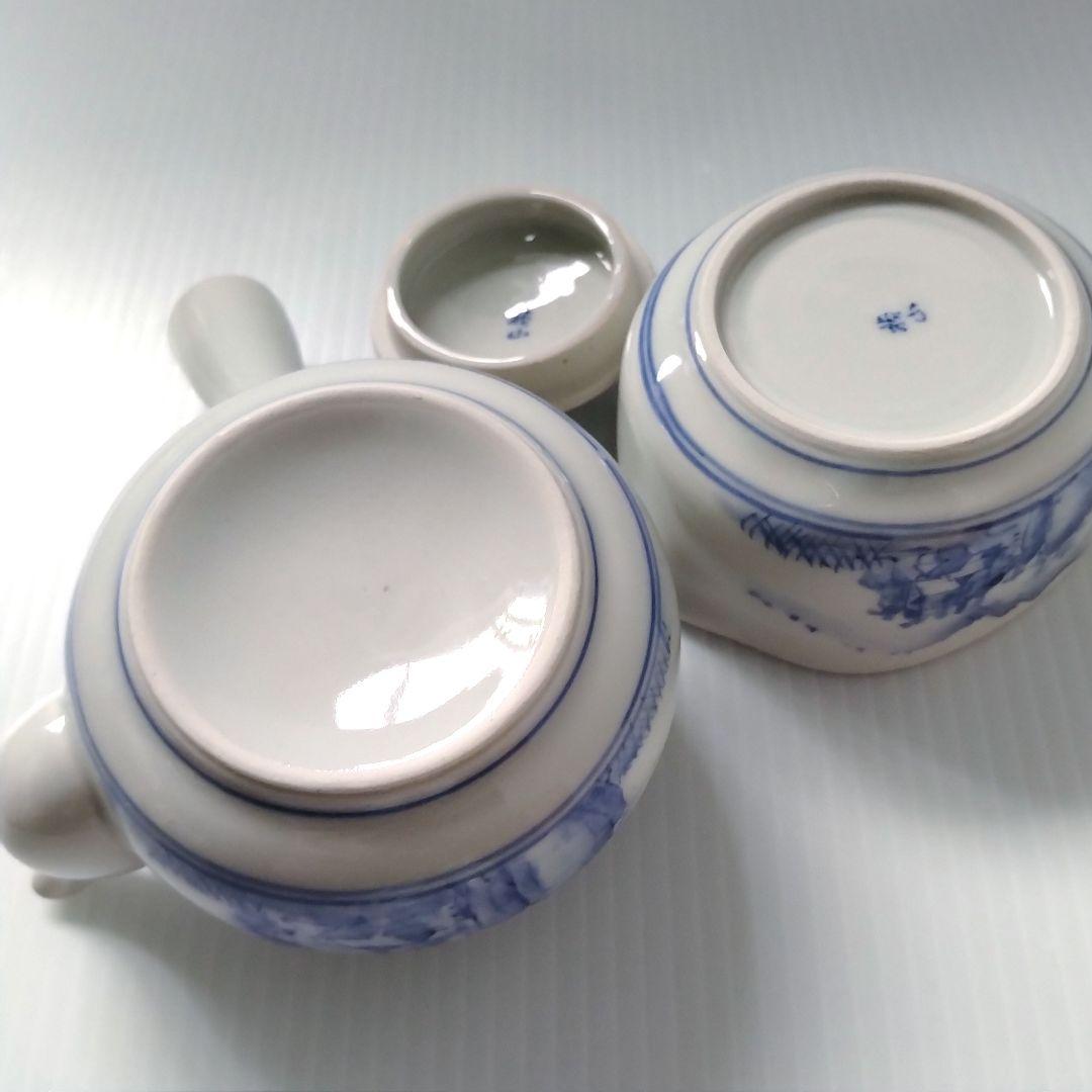 骨董 骨董品 呉須 染付 山水図 茶器揃 茶器 急須 湯冷まし 湯呑み 手描き