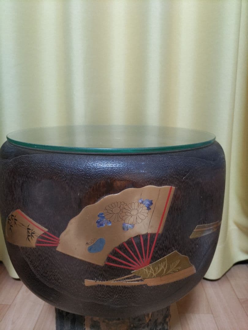 骨董品　江戸末期　蒔絵　金扇らでん使い　桐火鉢　ガラステーブル付季節限定お値下げ