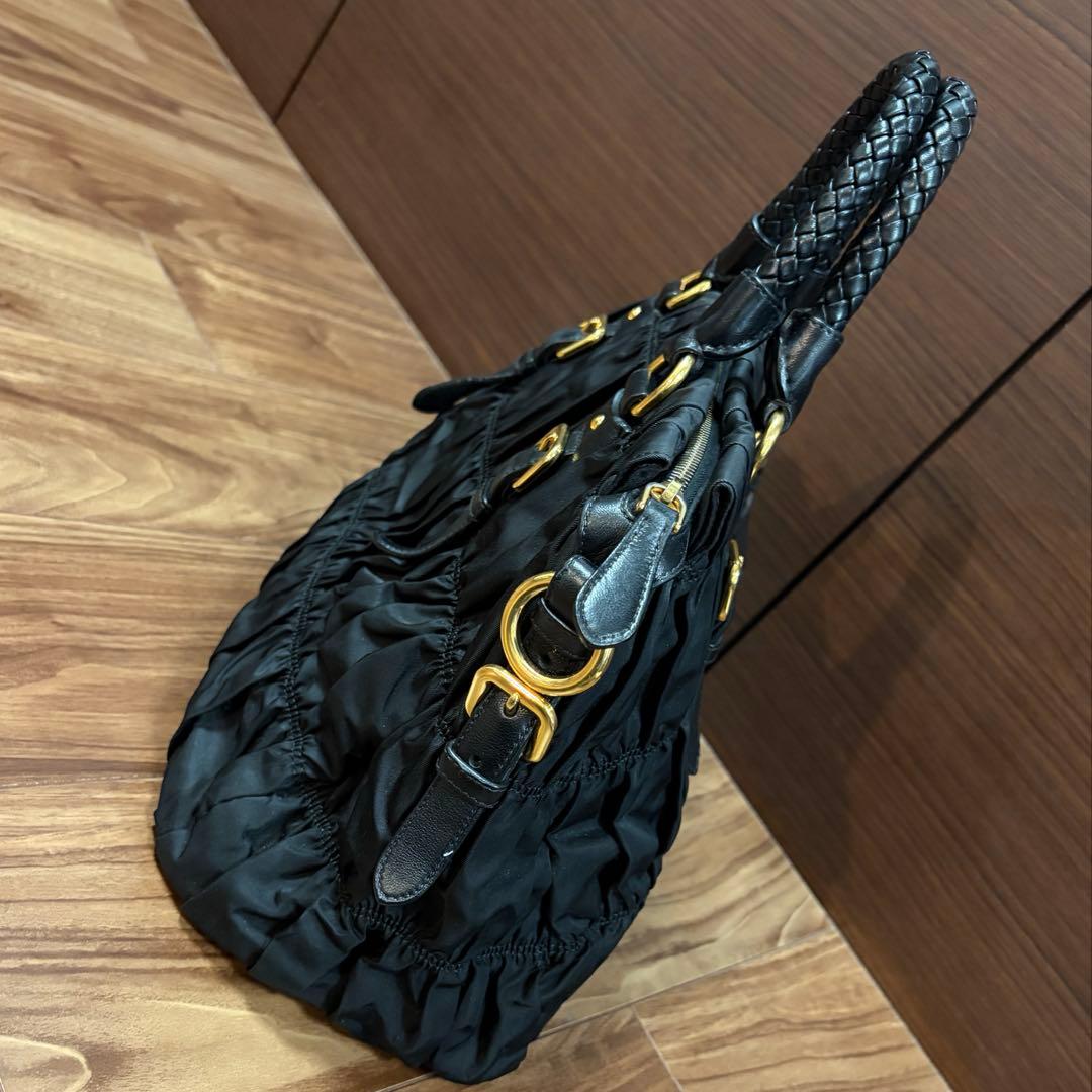 S58　美品PRADA プラダ ギャザー ハンドバッグ 2WAYショルダー