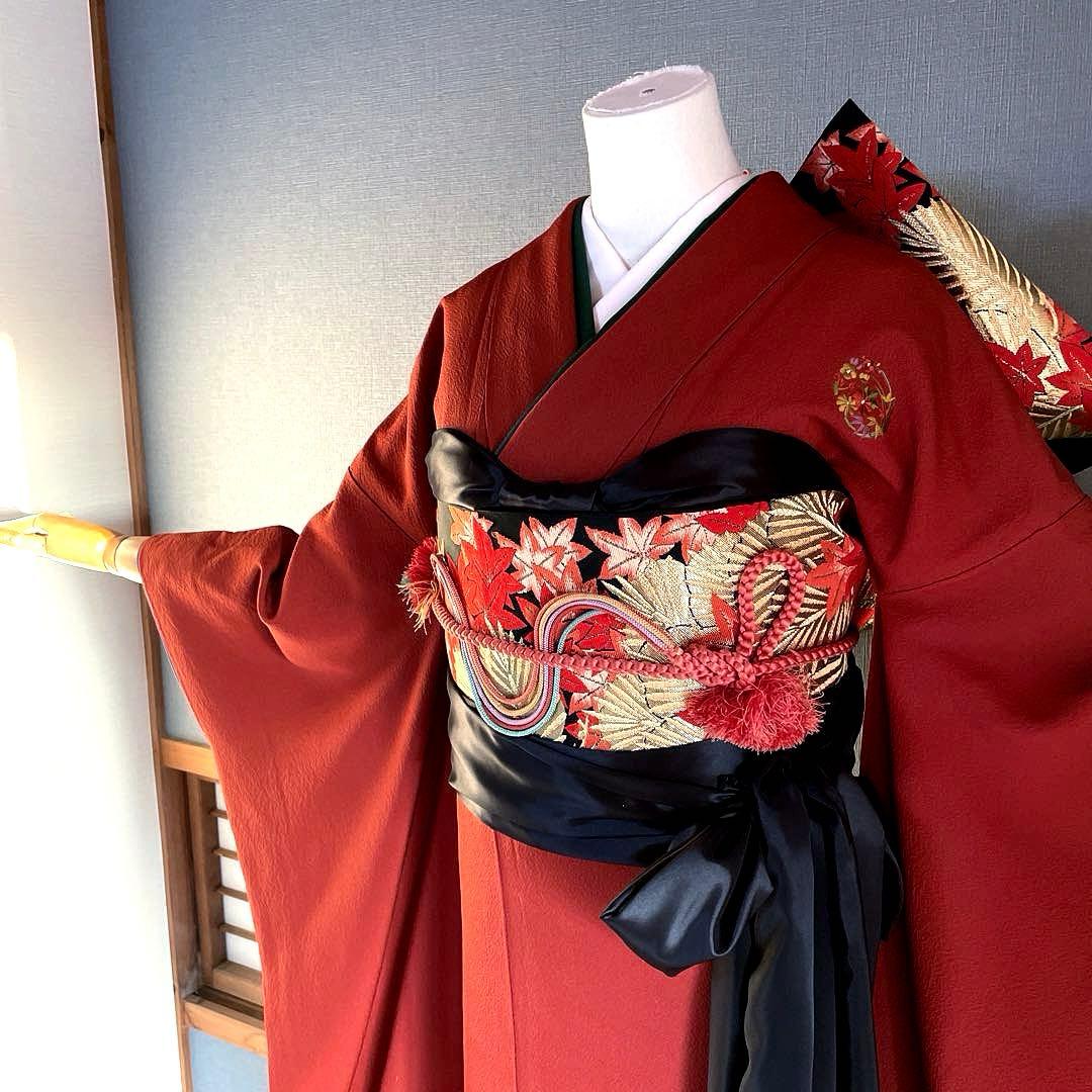 振袖フルセット　ちりめん色無地　成人式振袖　振袖　赤茶　テラコッタ