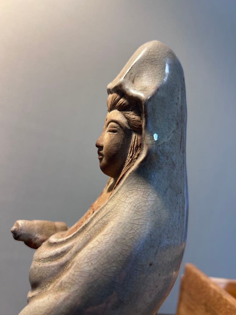 萩焼　大和松緑（大和吉孝）作 観音菩薩立像　元窯　観音置物　共箱付