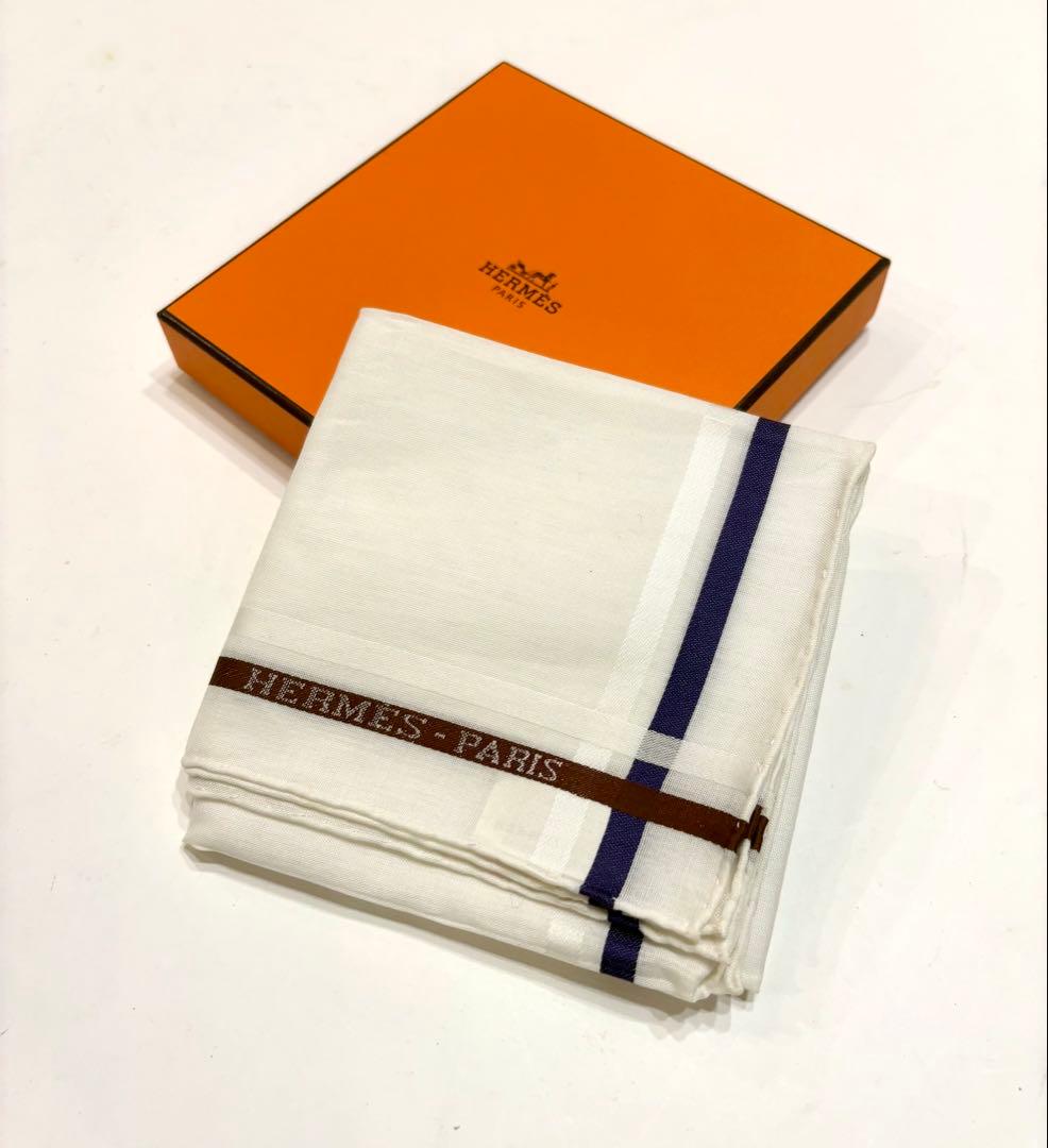 新品未使用☆エルメス　ハンカチ　ロゴ　ボーダー　スカーフ　コットンスカーフ美品