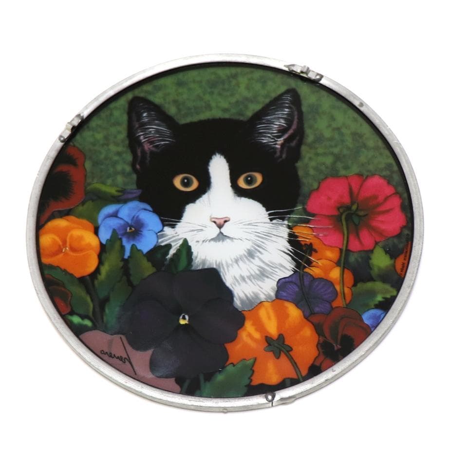 カラフルな花に囲まれた猫 ヴィンテージ ステンドグラス ローウェル・エレーロ