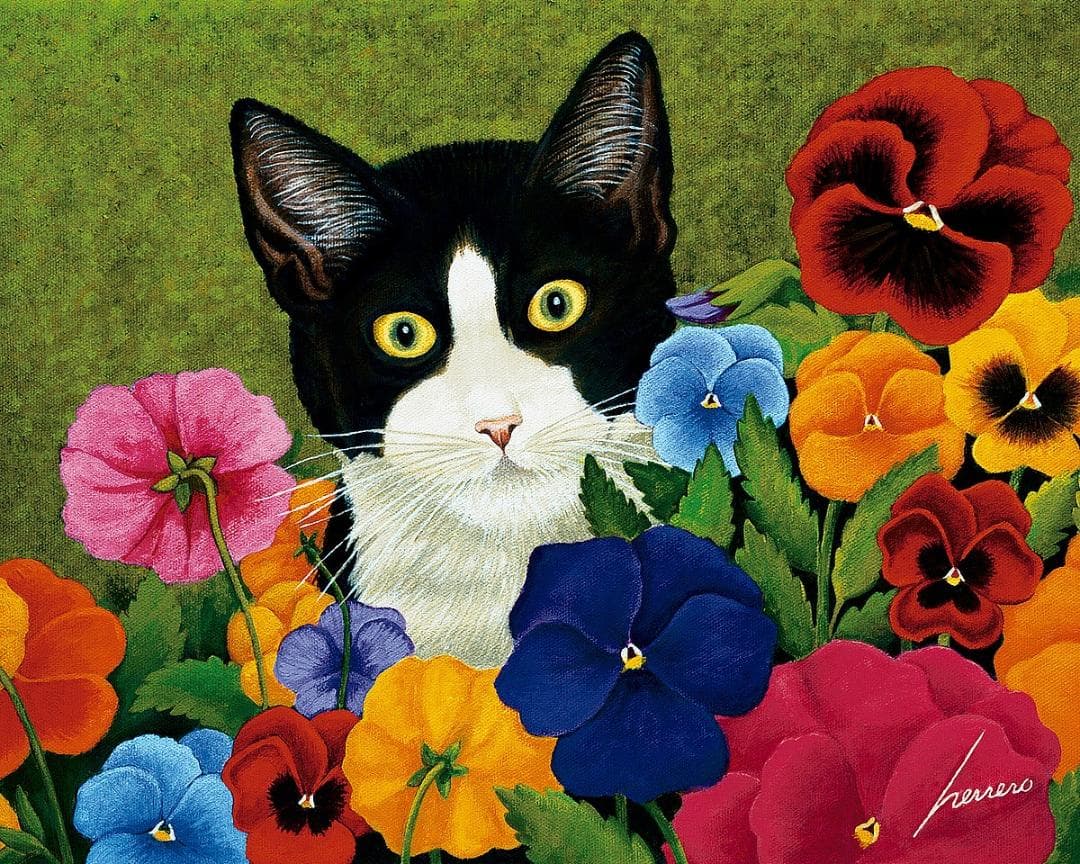 カラフルな花に囲まれた猫 ヴィンテージ ステンドグラス ローウェル・エレーロ