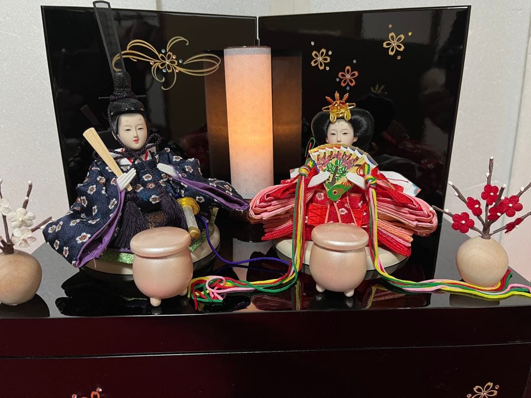 コンパクト収納型親王飾り　陽菜 会津塗お屏風収納飾り台セットE