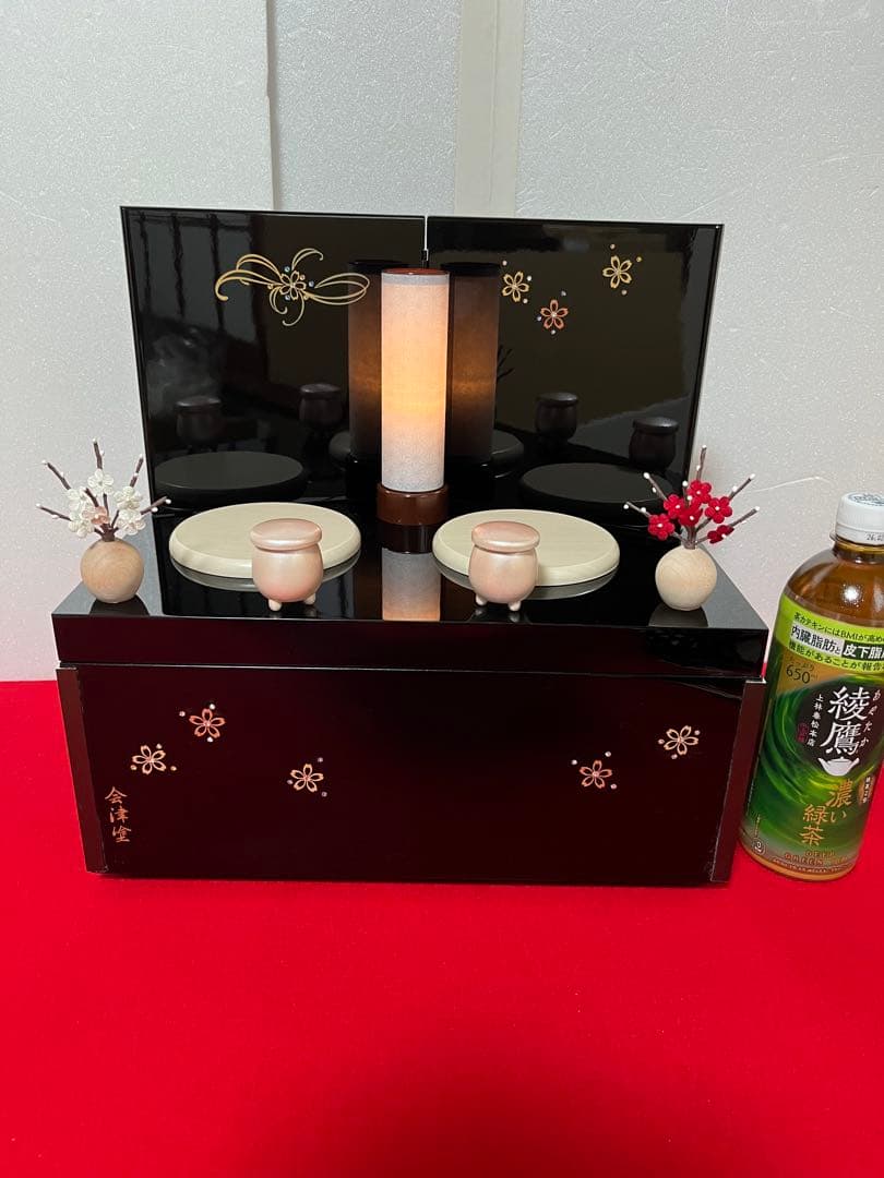 コンパクト収納型親王飾り　陽菜 会津塗お屏風収納飾り台セットE