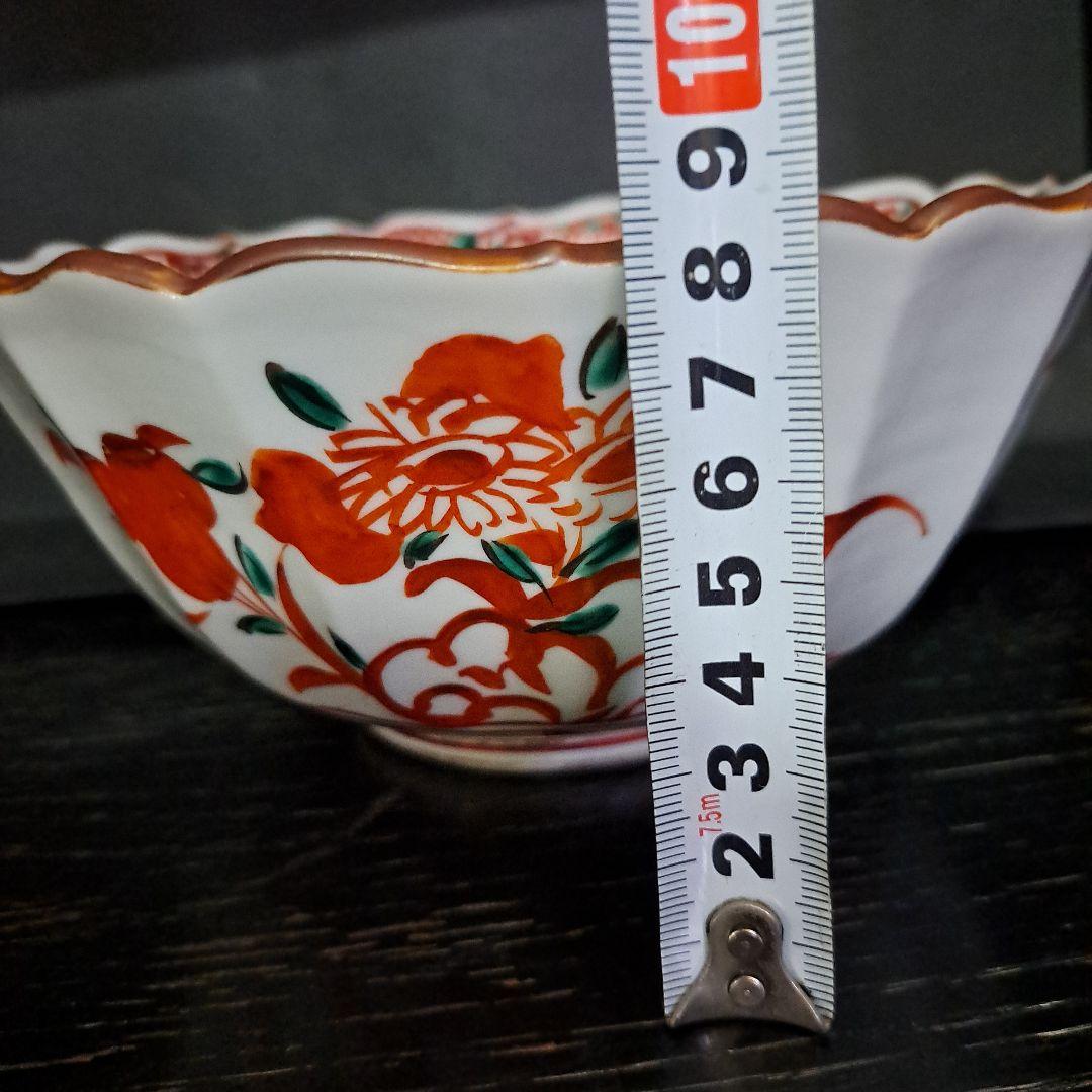 永楽善五郎　九谷赤絵　　中鉢　紅縁輪花鉢　明治 大日本永楽造　共布、共箱入