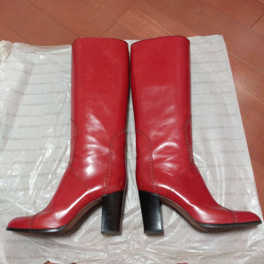 イブ.サンローラン　赤 レザー ロングブーツ 高ヒール