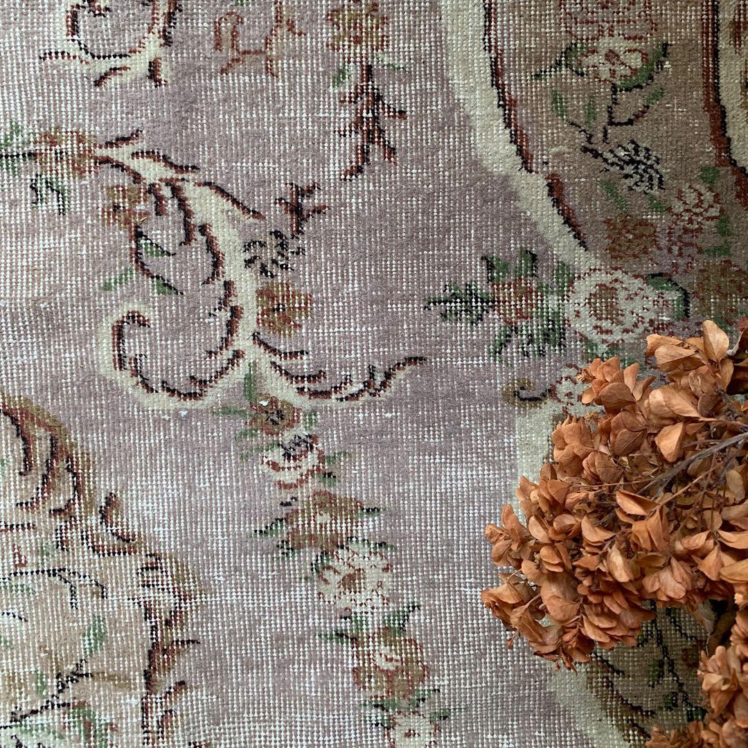 超大判　薔薇　モーヴグレー　241×144 シャビー　トルコ　ヴィンテージラグ