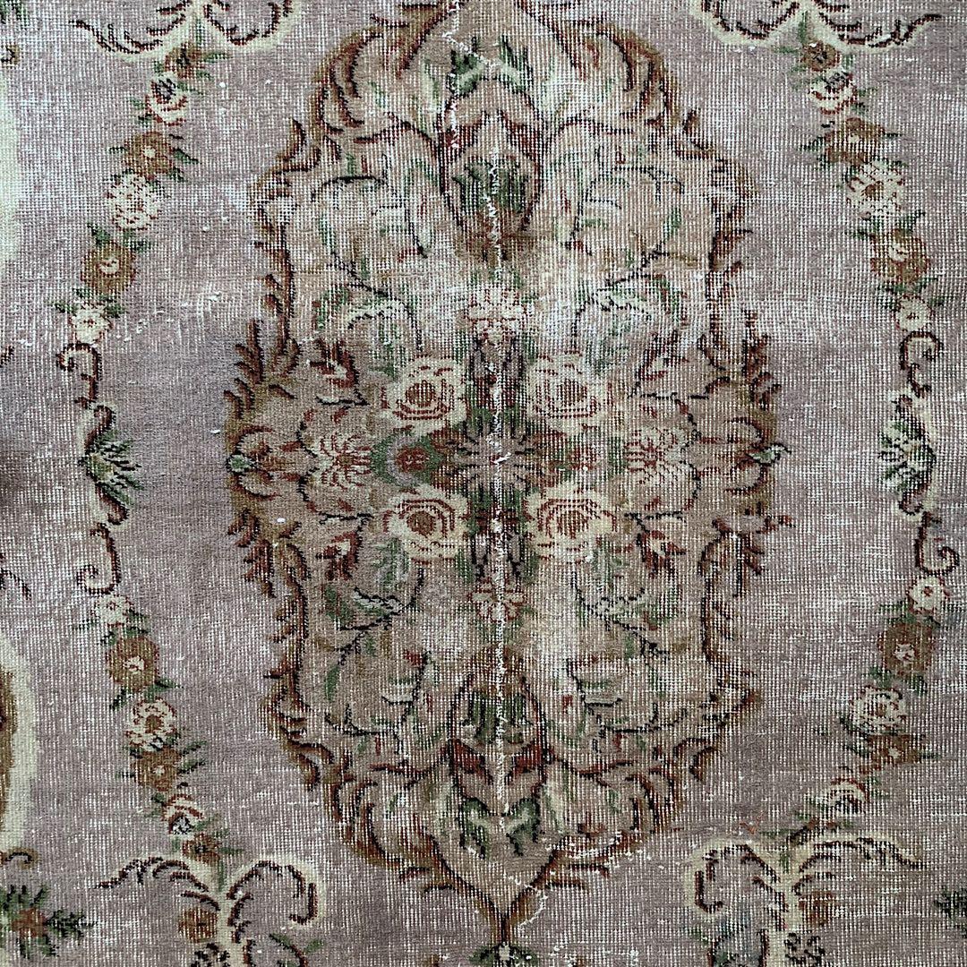 超大判　薔薇　モーヴグレー　241×144 シャビー　トルコ　ヴィンテージラグ