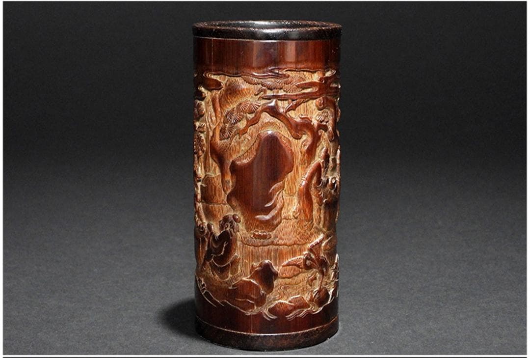 中国美術 古竹 彫刻 風景 賢人 図 筆筒 筆立/文房具書道具筆墨紙硯