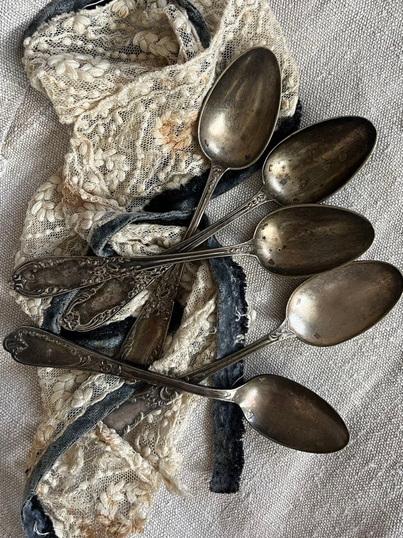 ◆最終SALE◆フランスアンティーク銀5本刻印ティースプーンデザート白銀シルバー