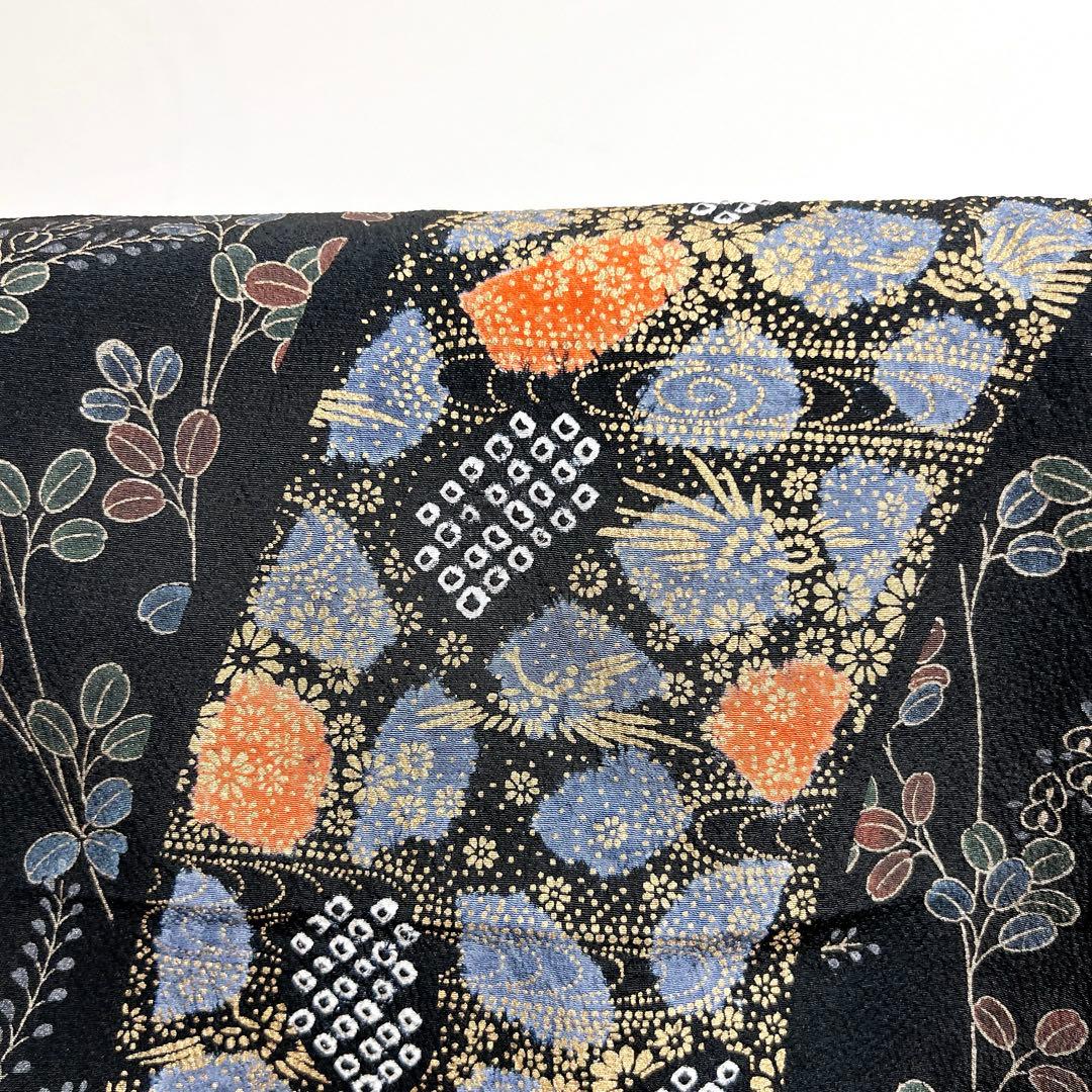 訪問着　黒地　絞り　萩　鳳凰　着物　010k