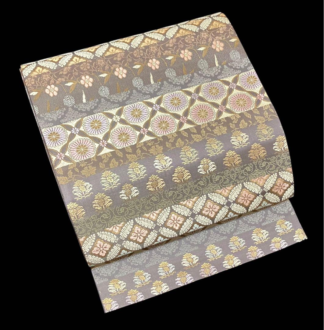 箔屋清兵衛 袋帯 双図柄 名物裂文様 全通日本の心 共箱 未使用 錆紫イ6305