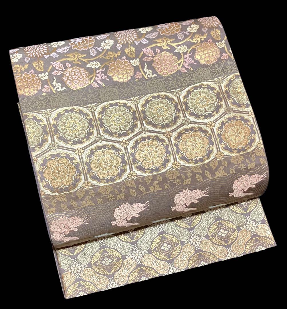 箔屋清兵衛 袋帯 双図柄 名物裂文様 全通日本の心 共箱 未使用 錆紫イ6305