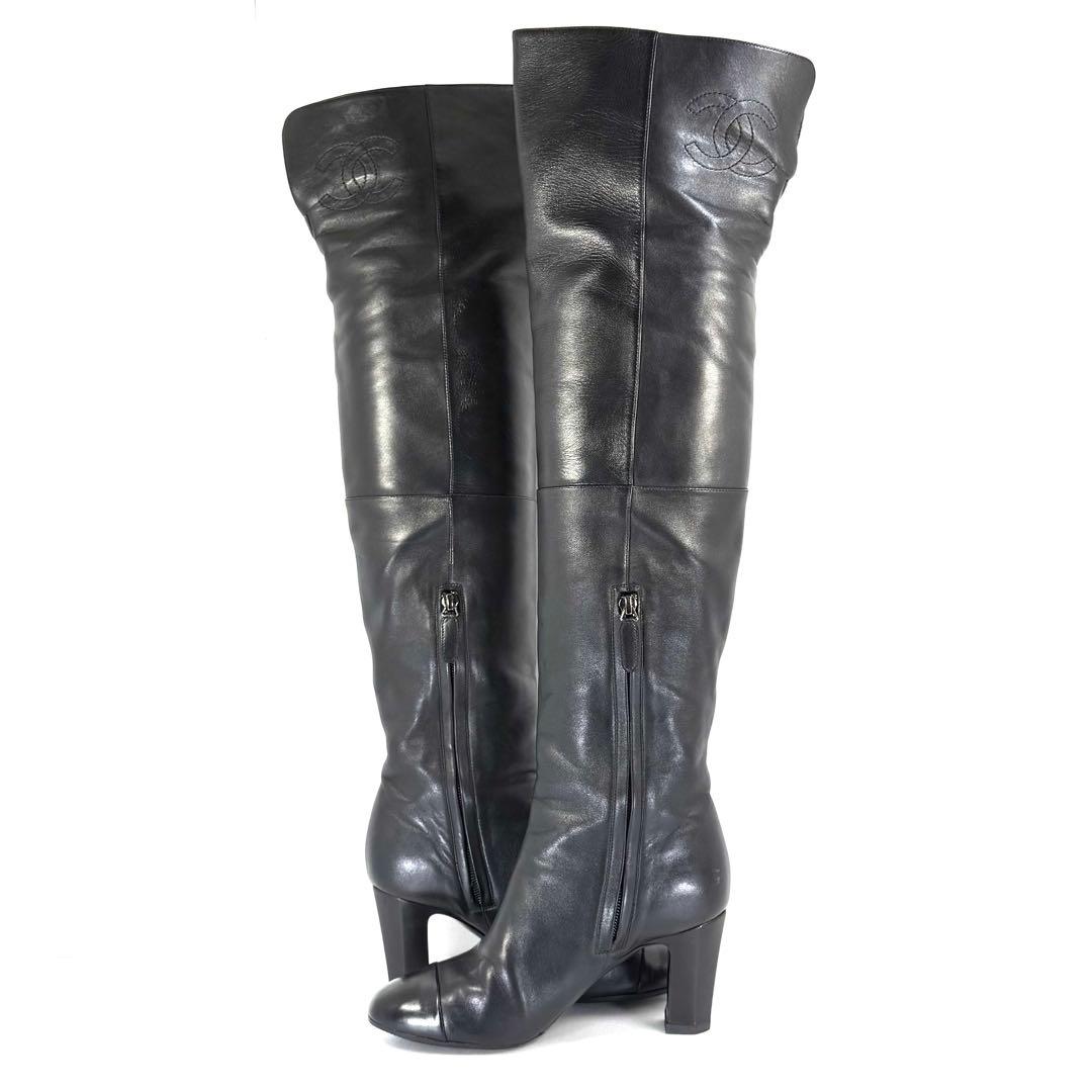 【CHANEL】シャネル（23.5cm）ニーハイブーツ ココマーク ラムスキン