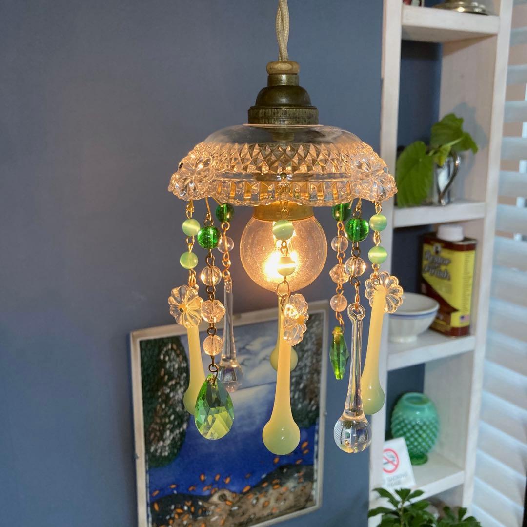 ミニシャンデリア　（メロンドロップ）1920年　フランスアンティーク　シェード