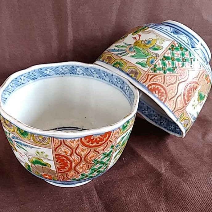 古伊万里 金彩 色絵 飛鳥唐文 輪花 蕎麦猪口 向付 2客セット 骨董アンティー