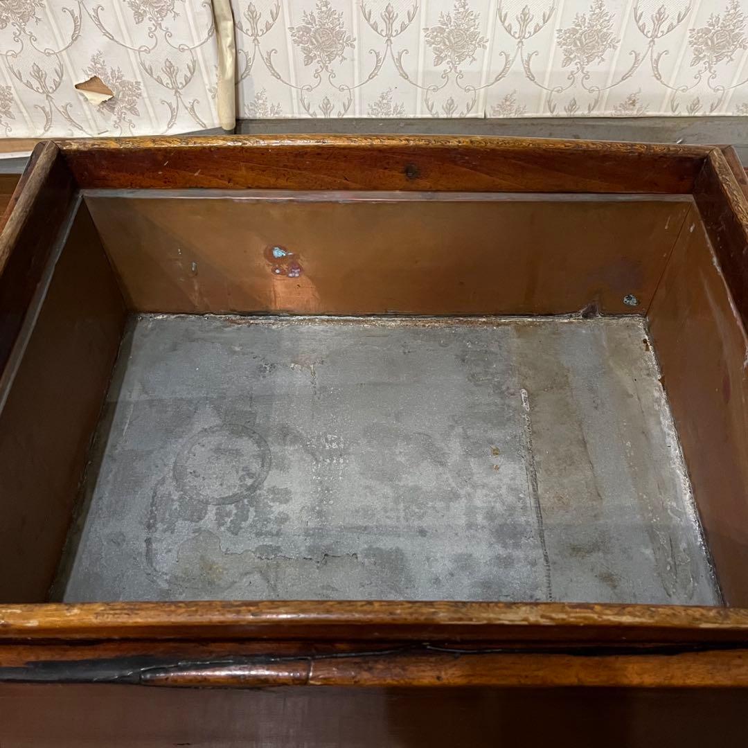 【アンティーク】木製 無垢材 火鉢 長方形 関東火鉢 銘木 引き出し収納付