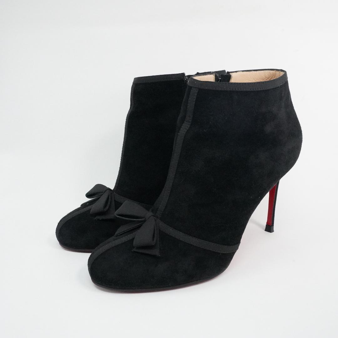 ルブタン 23cm 黒スエードリボン付きブーティ バレンタインデー最適