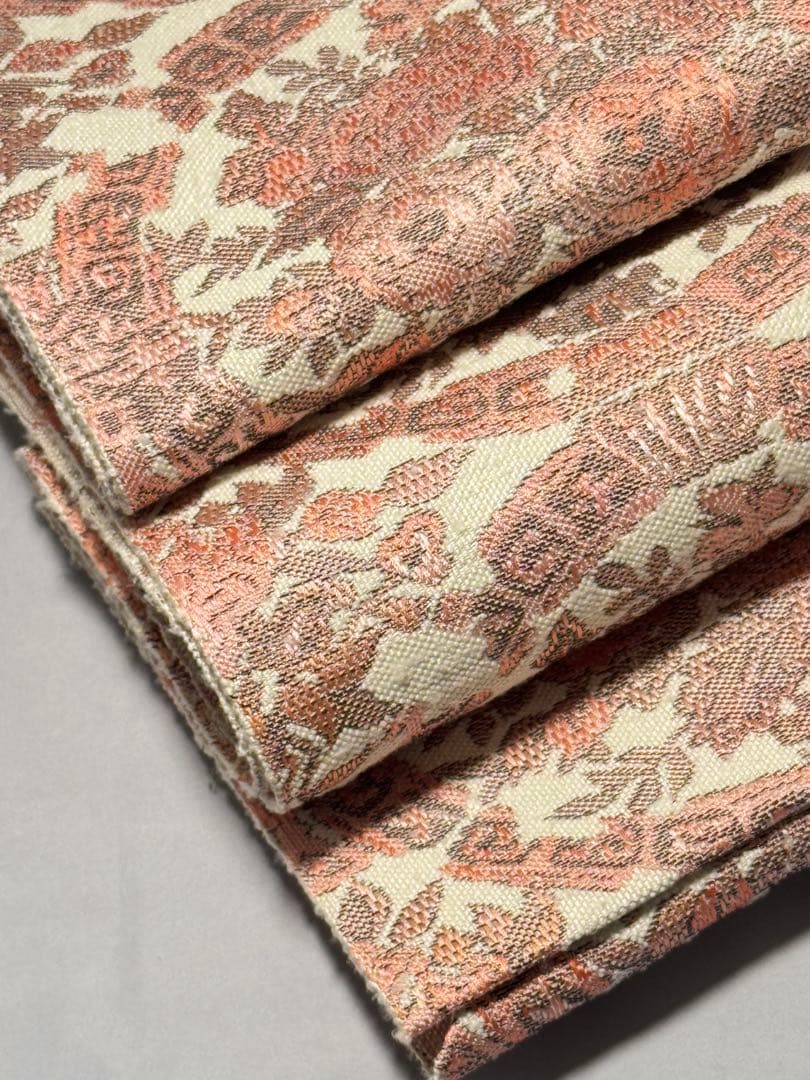 [美品] 紬地　名古屋帯　正絹　白練色　白　更紗　洒落帯　小紋　紬　無地　お茶