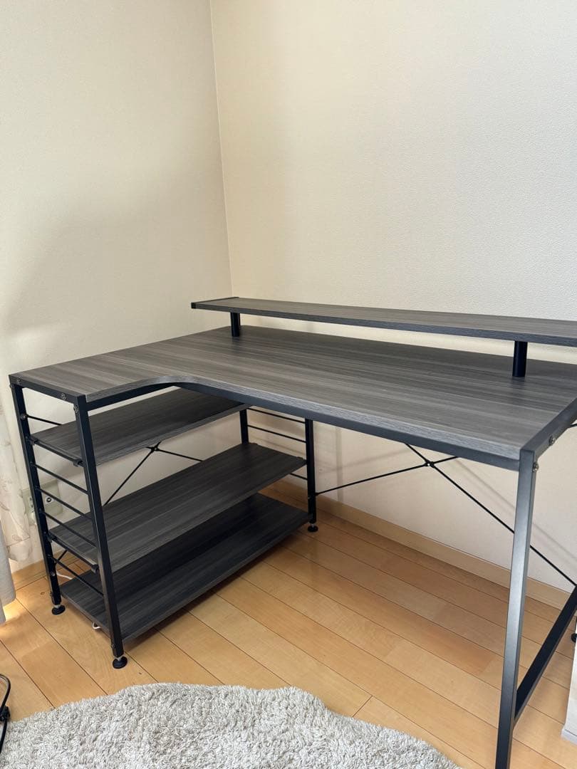 【美品】L字デスク 120cm幅 グレーブラック 大容量棚付き