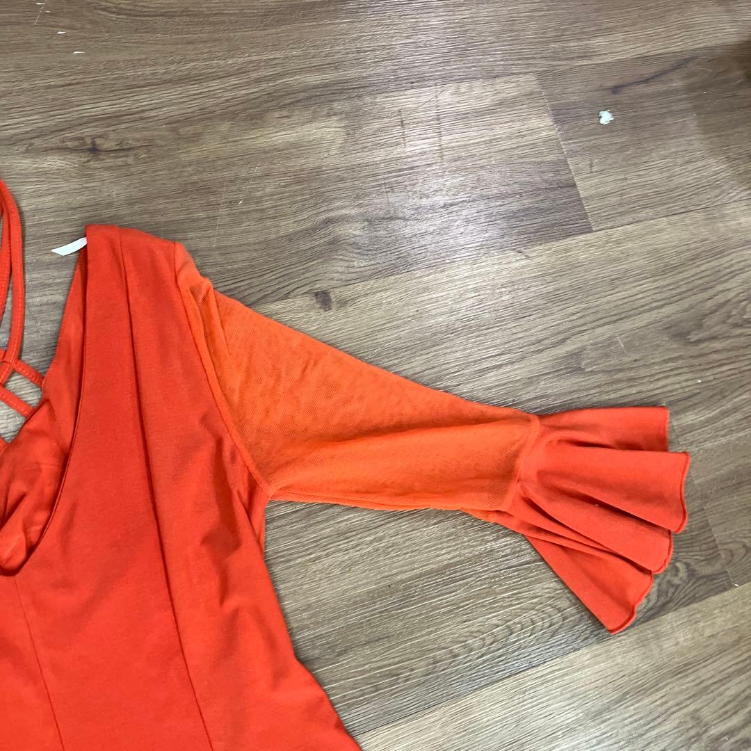 2.3 社交ダンス 舞台衣装 フレアスリーブ ロングドレス オレンジ 衣装