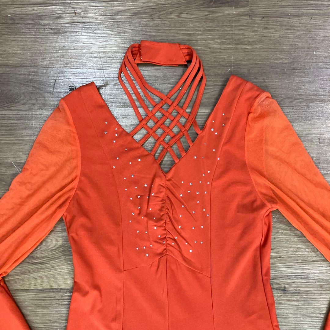 2.3 社交ダンス 舞台衣装 フレアスリーブ ロングドレス オレンジ 衣装