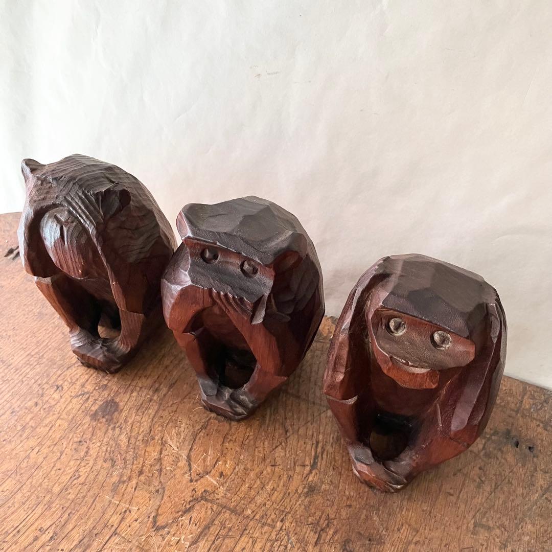 木製 三猿 彫刻 木彫り　サル　昭和レトロ　ビンテージ　骨董　アンティーク　置物