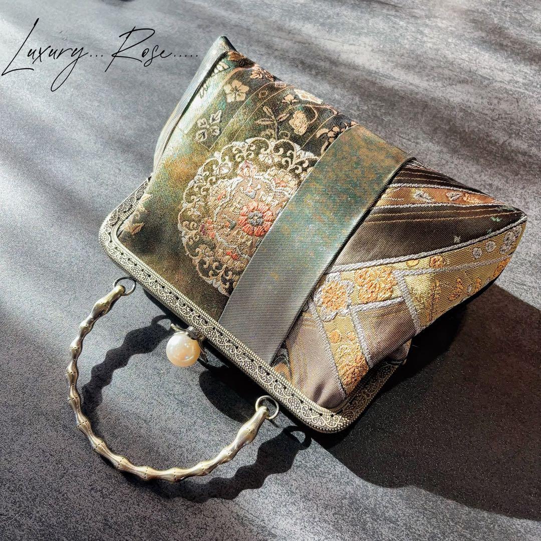 1点限定！！螺鈿細工を用いた5種上品高級帯地でパッチワーク上品帯地バッグ