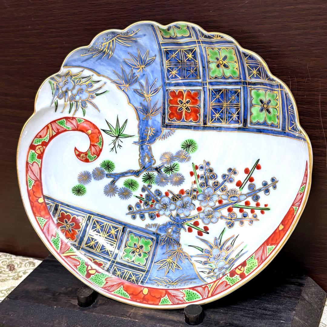 未使用保管✨九谷焼 芳岳 染錦松竹梅 鮑型 皿 単品✨中皿 皿 吉祥 新春 正月