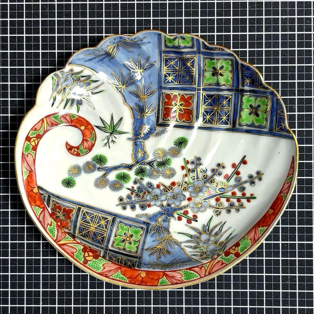 未使用保管✨九谷焼 芳岳 染錦松竹梅 鮑型 皿 単品✨中皿 皿 吉祥 新春 正月