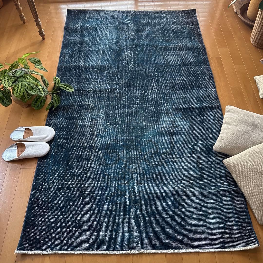110×191ネイビーインディゴブルー　オーバーダイ　トルコヴィンテージラグ