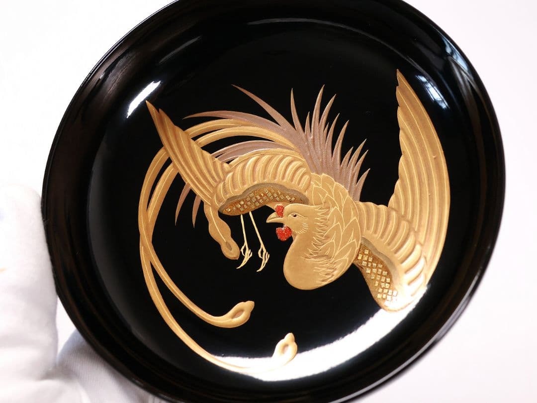 【CM397】天然木漆塗 菊桐鳳凰金蒔絵 黒塗 煮物椀 二客 昭和期 木製漆器