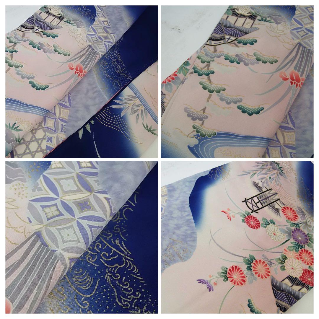 豪華3点セット友禅振袖／茶屋辻文様＊金駒刺繍＊古典風景文様／袋帯・長襦袢付き