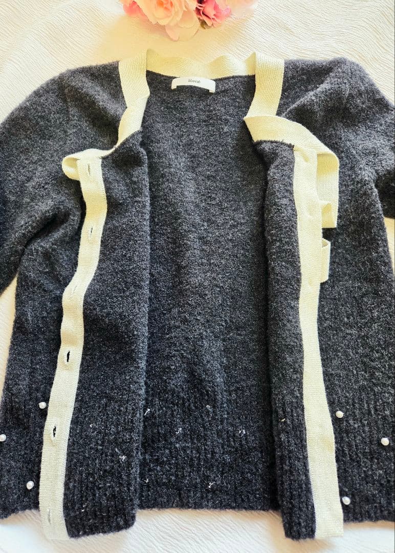 ルネ　リボン　パール　カーディガン　34 グレー