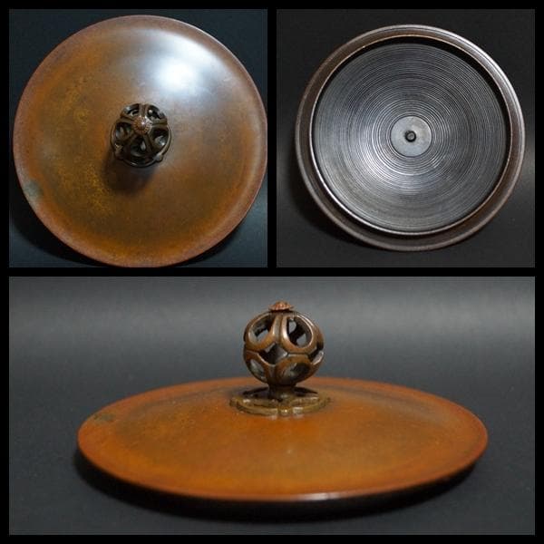 茶道具 大型朝鮮風炉 唐銅鬼面風炉 鉄釜 双龍耳 銅製蓋 総重さ7.9kｇ