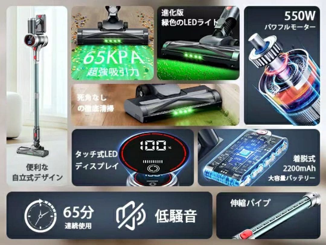 コードレス掃除機 65Kpa 強力吸引 65分連続稼働 自立式 LED液晶