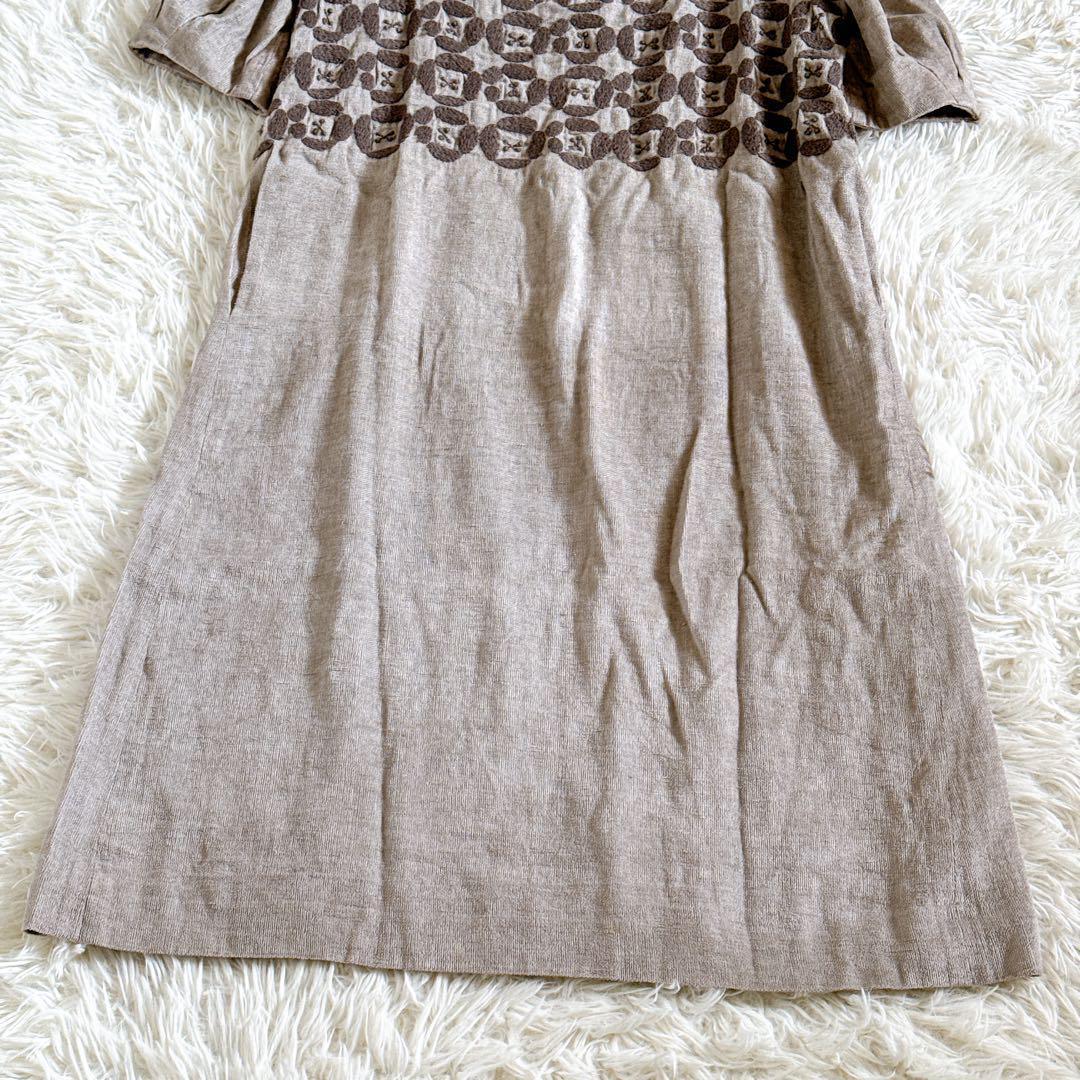 ミナペルホネン dear 刺繍ワンピース 半袖 リネン ベージュ系 36サイズ