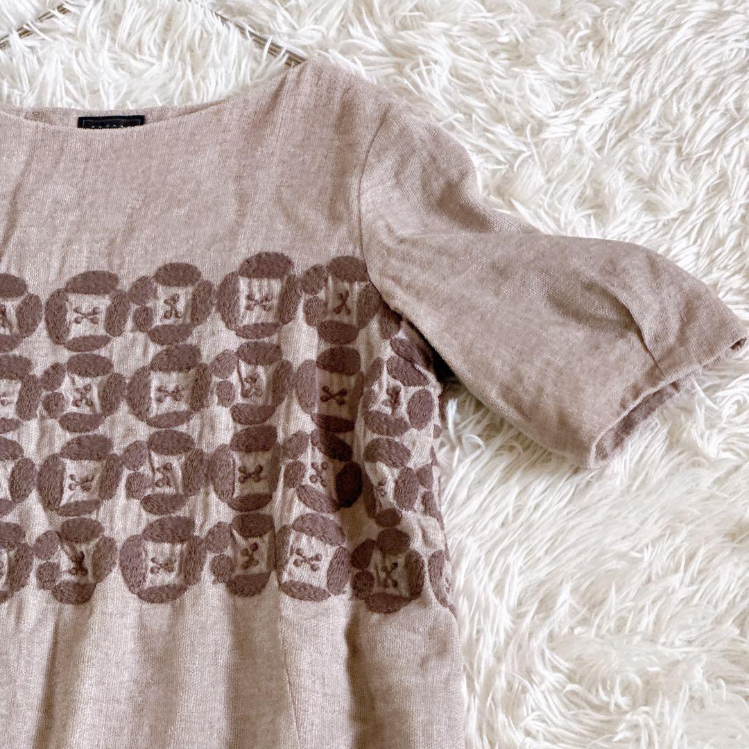 ミナペルホネン dear 刺繍ワンピース 半袖 リネン ベージュ系 36サイズ