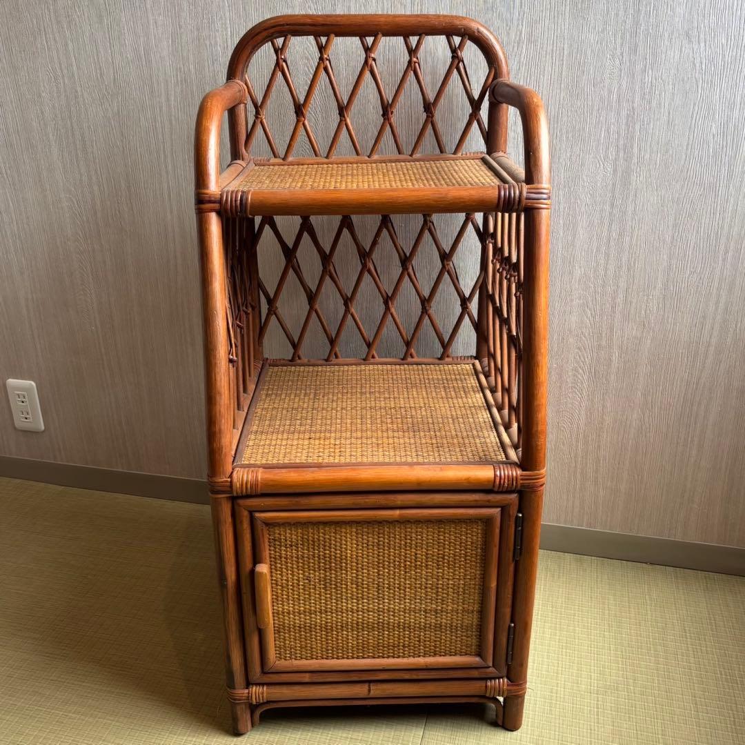 Ky80　昭和レトロ　ラタン　電話台　籐家具　ラタンラック　扉付き収納