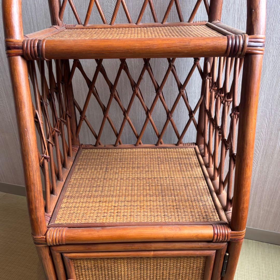 Ky80　昭和レトロ　ラタン　電話台　籐家具　ラタンラック　扉付き収納
